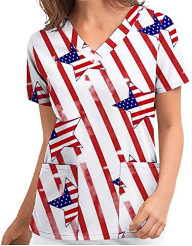 חולצת טי 4 ביולי לנשים דגל ארהב דגל קיץ שרוול קצר V-Neck חולצת צווארון עם 2 כיסים לבגדי עבודה מזדמנים מצחיקים