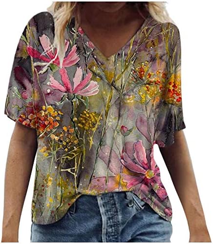 חולצת טי קיץ לנשים עניבת אופנה צבע חולצות מודפסות פרחוניות V