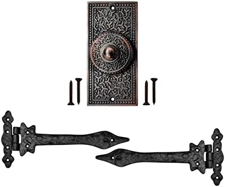 כפתור פעמון דלת אקאטבה עם סט ציר - 2 חתיכות צירי שער לגדרות עץ כבד - כפתור לחיצה על פעמון - כפתור פעמון קווי - צירי אסם לדלתות - צירים