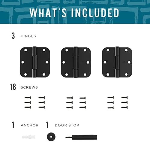 חומרה לאומית N900-007 צירי דלת מעוגלים ועצירה של דלת, 3 תלויים בשומר חריקות עם מגן קיר פקק דלתות, שחור מט
