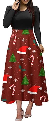 שמלת שרוול ארוך לנשים פלוס גודל גודל מזדמן אלגנטי אימפריה מותן שמלות מקסי עם הדפס חג המולד