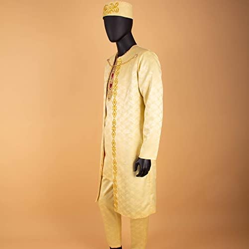 בגדים אפריקאים לגברים חולצות רקמה חולצות כובעי מכנסיים 4 חלקים סטאשיקי תלבושות לערב חתונה