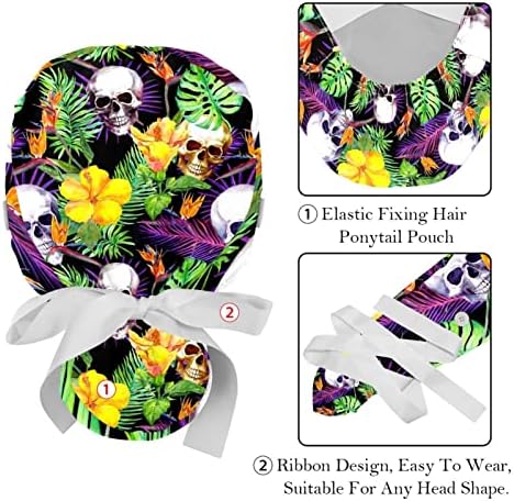 כובעים רפואיים של Lorvies לנשים עם כפתורים שיער ארוך, כובע עבודה מתכוונן 2 חלקים, גולגולת טרופית רב צבעונית