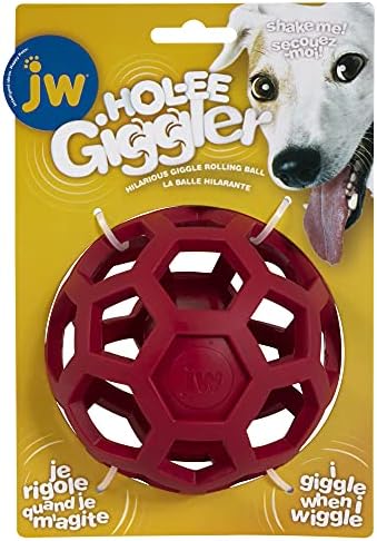 JW Hol-ee Roller Dog Dog Fetch Freat Dispenser כדור פאזל משמיע צלילי צחקוק מהנים תוך כדי חלוקת פינוקים; קוטר בינוני 4.5 אינץ ', אדום,