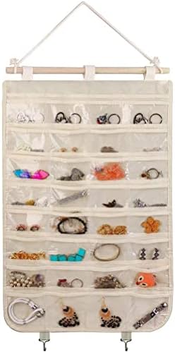 BB Brotrade מארגן תכשיטים תלויים, 32 כיסי PVC ברורים אחסון תכשיטים קיר עם 2 ווים מתכת לחיזוק תכשיטים