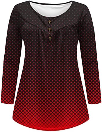 צמרות שרוול ארוך לנשים לבוש חולצות זורמות מזדמנות כפתור v Neck Henley חולצת טריקו Rhombus Dot Dot.