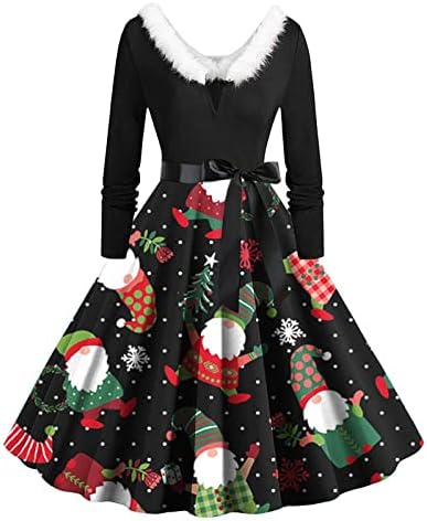 שמלות חג מולד לנשים 2022 סוודר מותניים גבוה שמלת שרוול ארוך שמלת צוואר מודפס מזדמן שמלת הפבורן