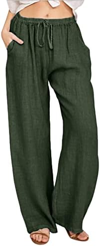 מכנסי Yubnlvae לנשים כותנה ופשתן מותניים גבוהים משיכה אלסטית עם כיסים מכנסיים מתאימים ברגליים רחבות