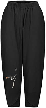 מכנסי מותניים אלסטיים נשים מכנסיים חיצוניים ברגל ישר עם כיסים מתאימים לפופ דפוס דפוס 3 רבעון משקל