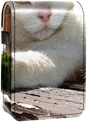 עור גלוס שפתון ארגונית עם מראה, מיני שפתון מחזיק תיק,לבן חתול בעלי החיים דפוס