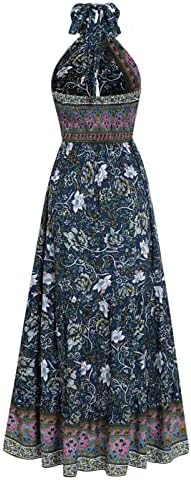 שמלת בוהו בוהו קיץ בוהמיאנית הדפס פרחוני שמלת הלטר ללא שרוולים, שמלות מקסיות חסרות גב גבוה