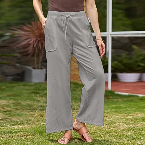 מכנסי פשתן של KCJGIKPOK נשים קיץ, מותניים רגילים רחבים רגליים רחבות רגל מכנסי פשתן עם כיסים מכנסיים לרוץ נשים