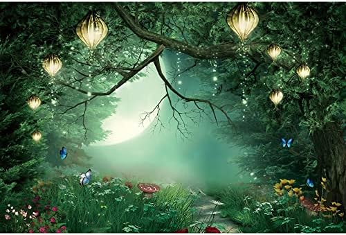 אביב קסום יער רקע פיות יער הפלאות תפאורות ירוק קסם עץ גן פטריות צילום רקע עבור בנות נסיכת מסיבת יום הולדת באנר 10 * 8 רגל