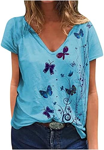 נשים חולצת שרוול קצר 2023 כותנה עמוק V צוואר פרפר פרחוני גרפי פרחוני רופף כושר חולצת טשס עליון לבנות 11
