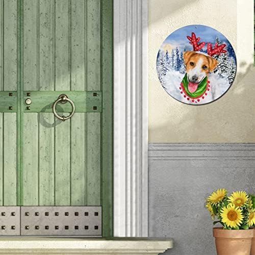 שלט פח מתכת עגולה חג מולד שמח כלב חמוד כלב חג חג המולד שלט מתכת הדפסי אמנות מתכת כפרי שלט קיר חדר כפרי לוחית למשרד הביתי אמנות חג המולד