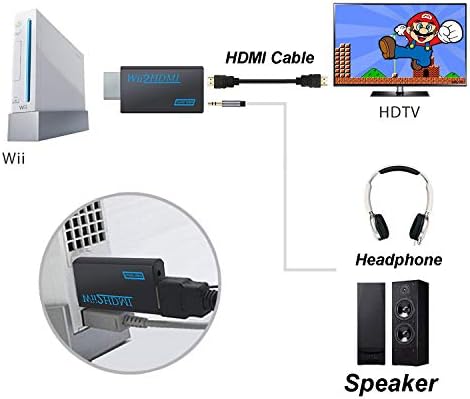 קובייק Wii למתאם HDMI, ממיר Wii to HDMI, Wii ל- HDMI מתאם עם תקע שמע 3.5 ממ, תומך בכל מצבי תצוגה Wii שחור