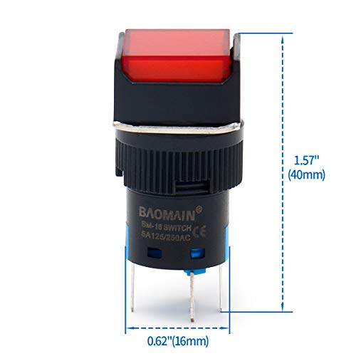 Baomain 5/8 16 ממ לחצן מתג כפתור רגעי מכסה מרובע מנורה אדומה אור אדום DC 12V SPDT 5 PIN 5 חבילה